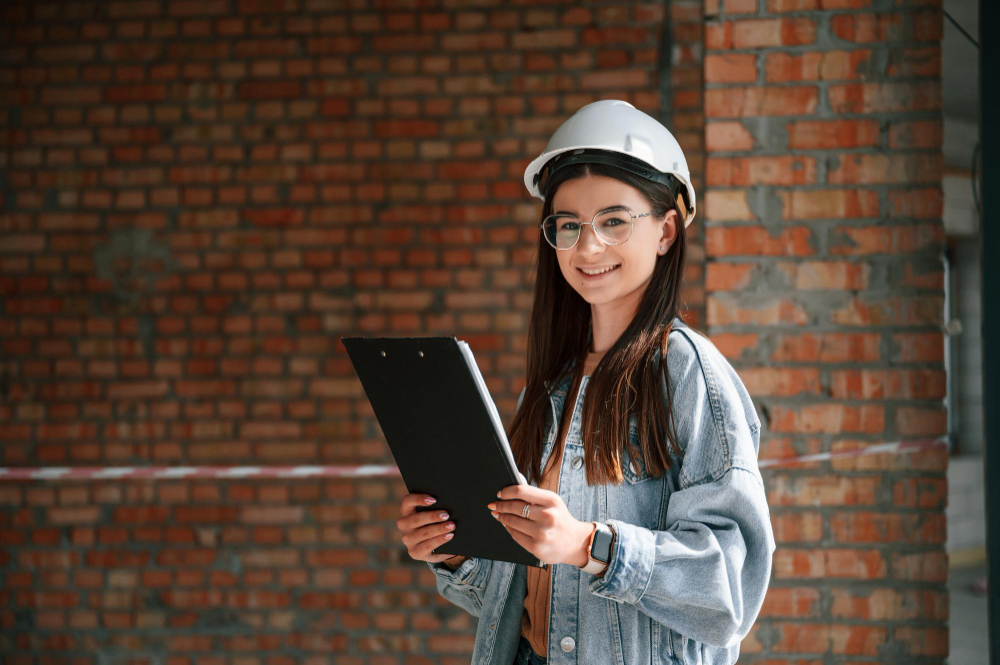 Student with helmet doing site visit